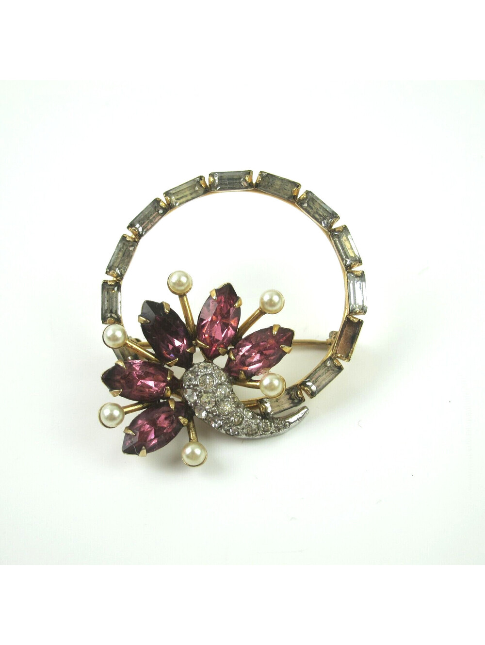 Vintage Wreath Brooch Pin Charles Reis CR Co 12K Gold Filled Pink Rhinestones
